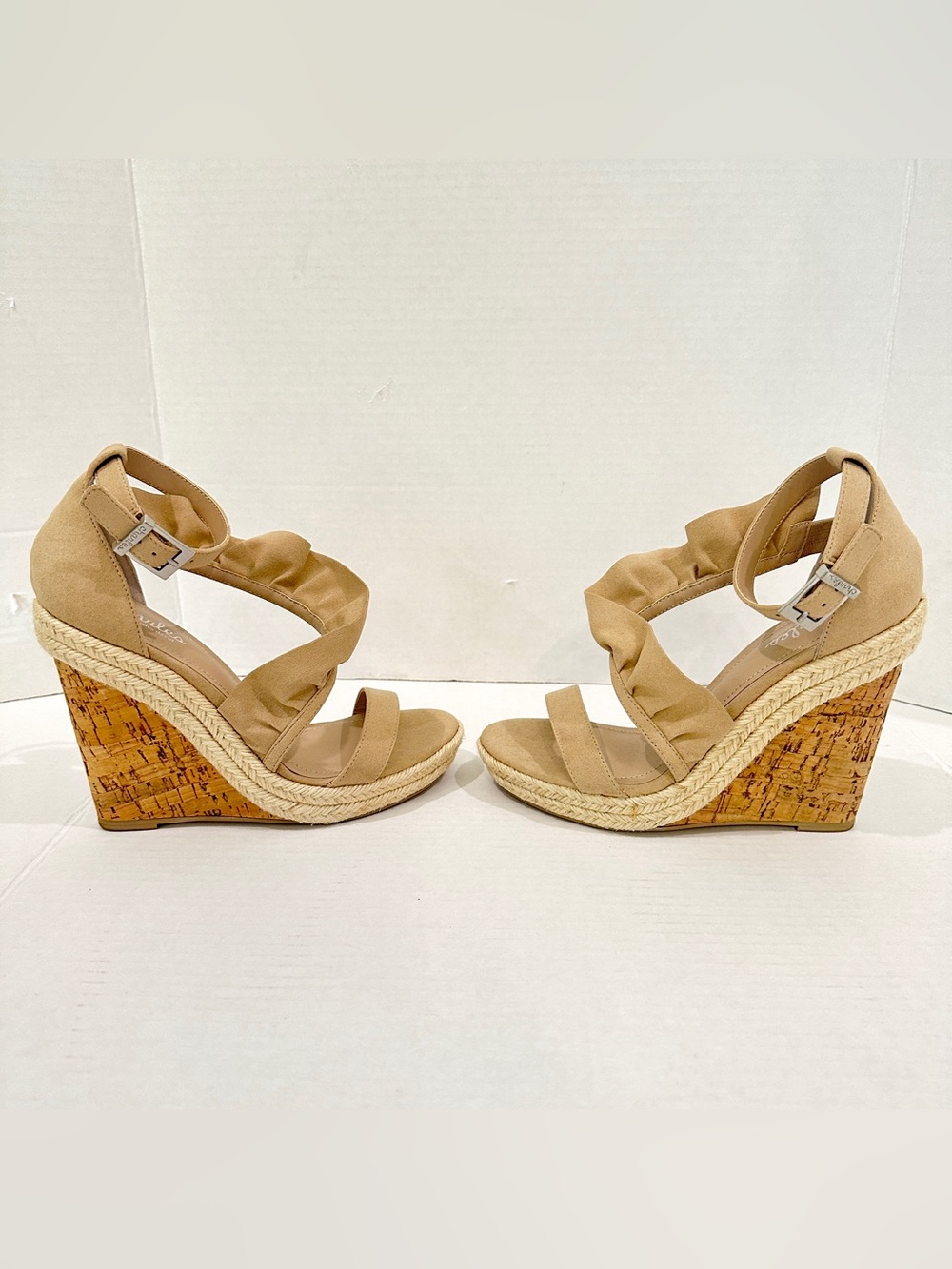 Nude Ruffle Espadrille Ankle Strap Wedge Sandals Charles by Charles David 7.5